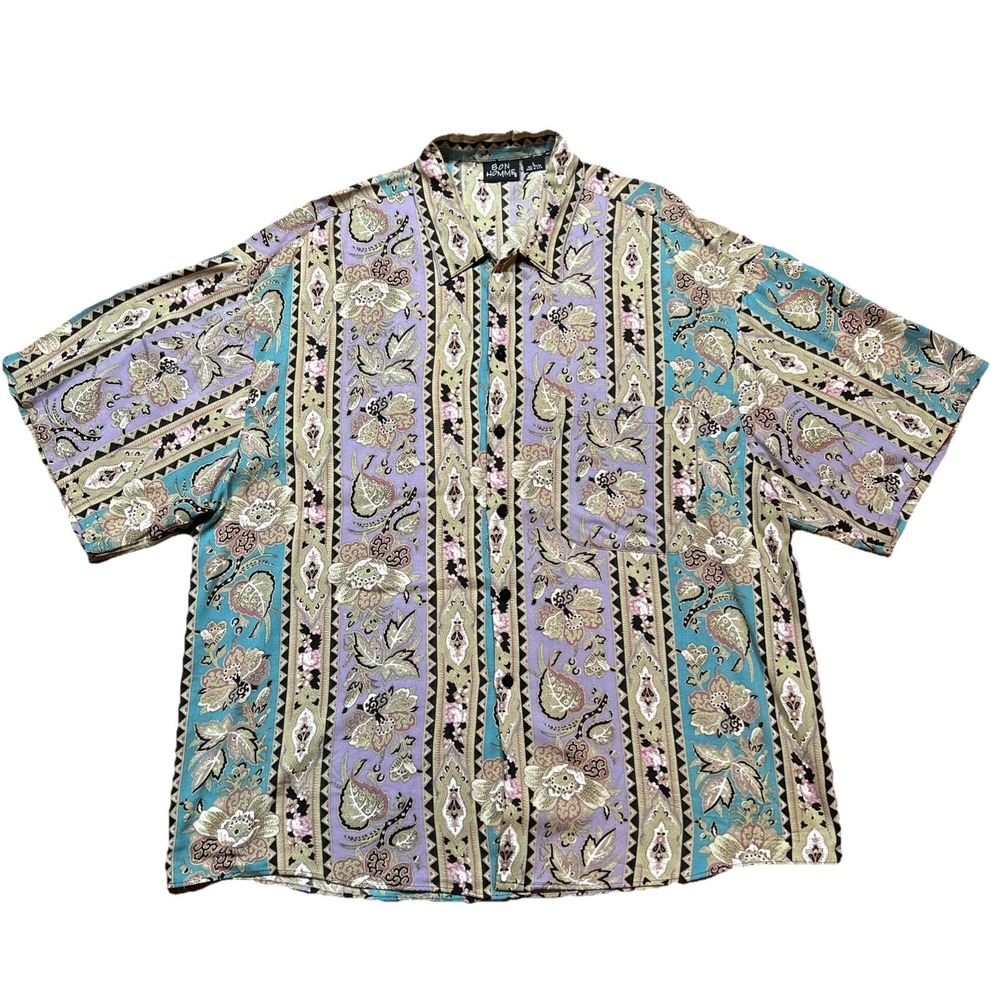 Vintage Bon Homme Shirt Mens L‎ Multi Floral Print Rayon Button Up Camp Purple
